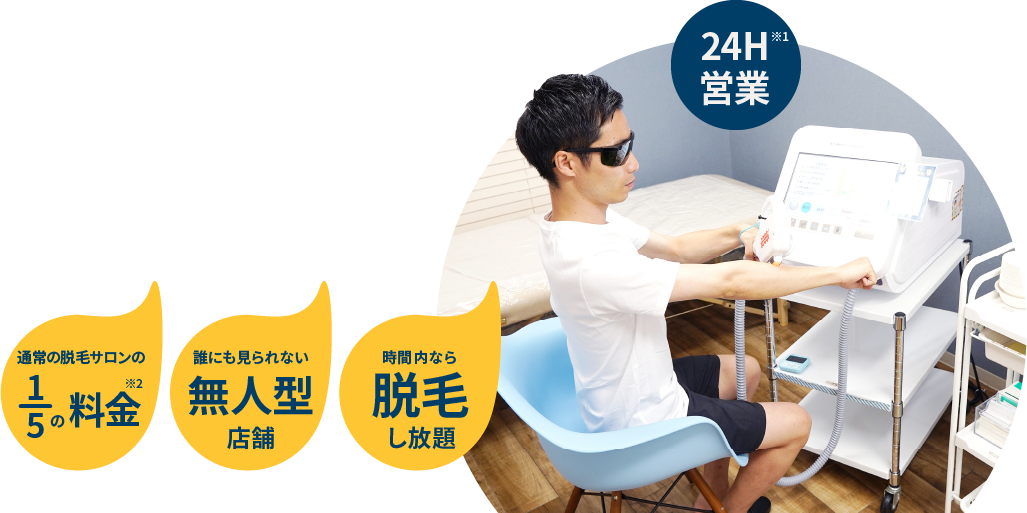 24H営業 女性もOK 月5,000円~通い放題! 通常の脱毛サロンの1/5の料金 誰にも見られない無人型店舗 時間内なら脱毛し放題